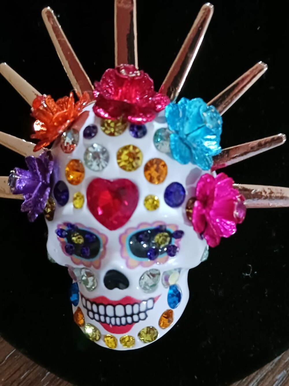 BETSY JOHNSON Gold Tone Necklace Sugar Skull Bride Pendant Crystal - Picture 3 of 4